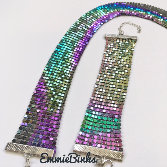 ✨3for$38 New 2 Piece Oil Slick Holographic Metallic Mesh Choker & Bracelet Set - Picture 6 of 15